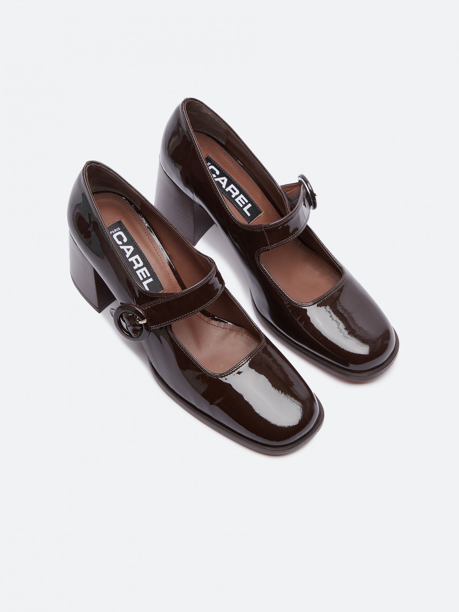 CAREN chocolate patent leather Mary Janes pumps | Carel Paris Shoes