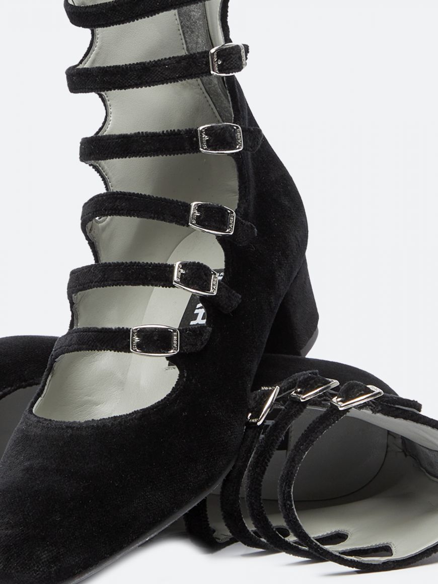 XENA Black velvet leather multi-straps Mary Janes