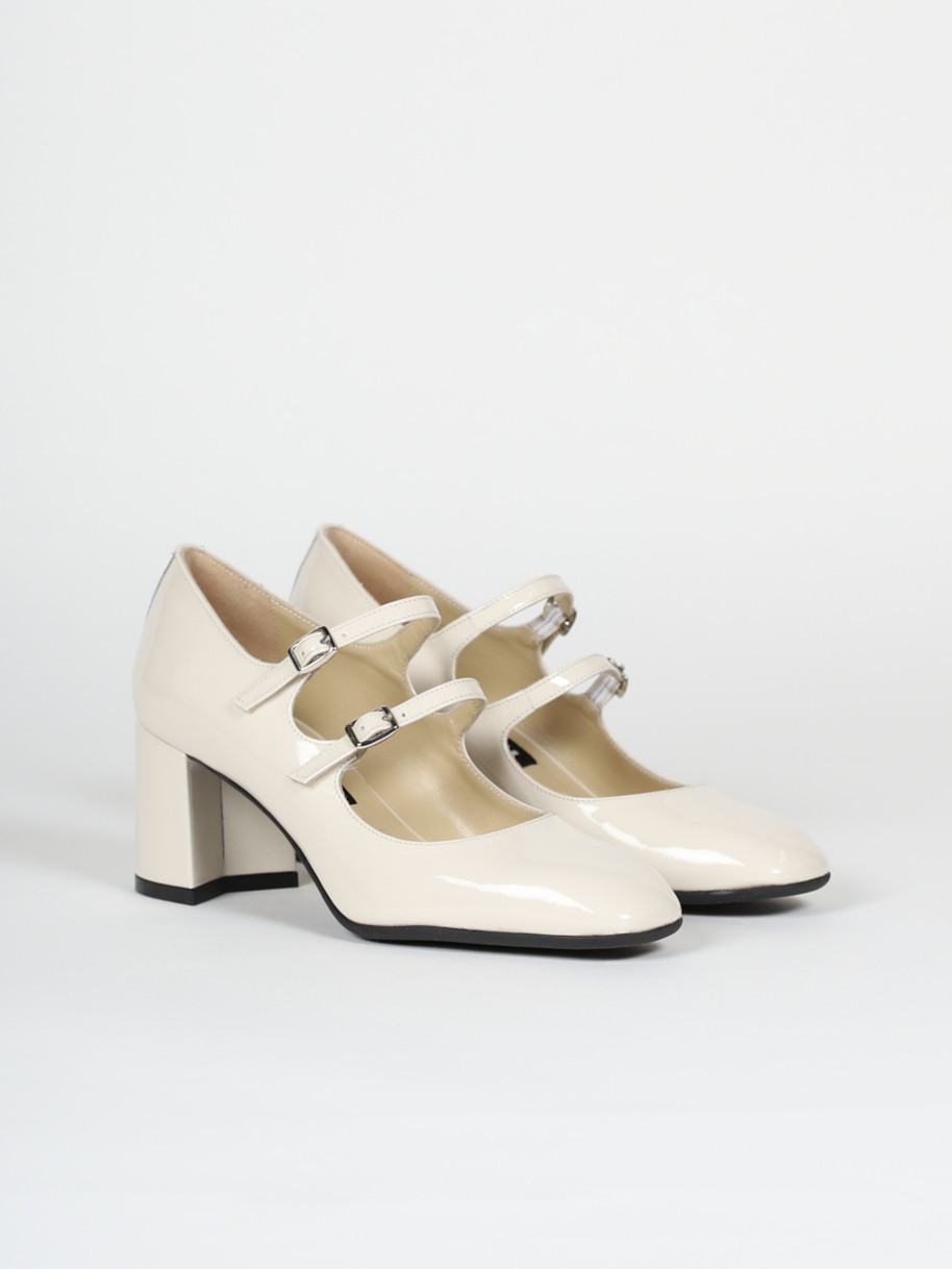 Beige patent leather Mary Janes