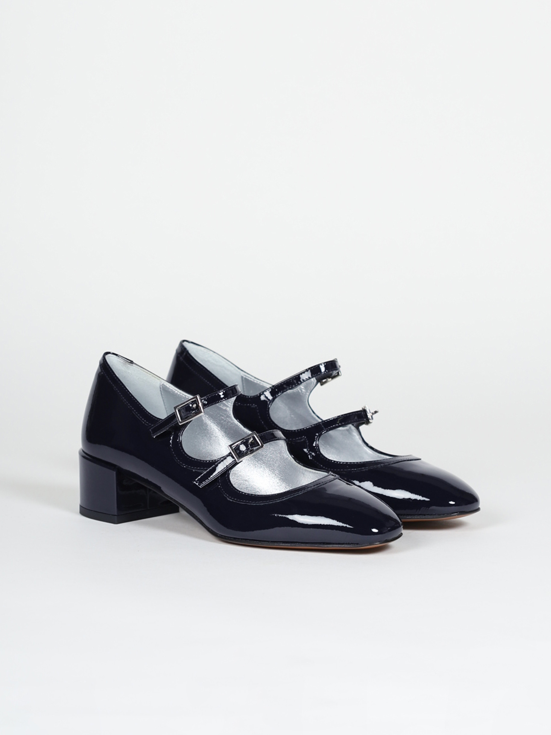 Blue patent leather mary janes